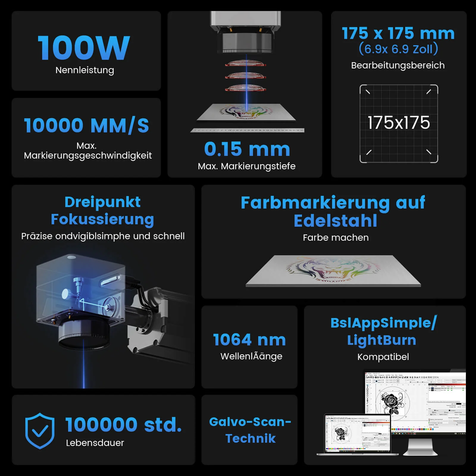 Monport 100W (175 x 175 mm) GPro MOPA Faserlaser Gravier & Markiermaschine mit manuellem Fokus - Image 3