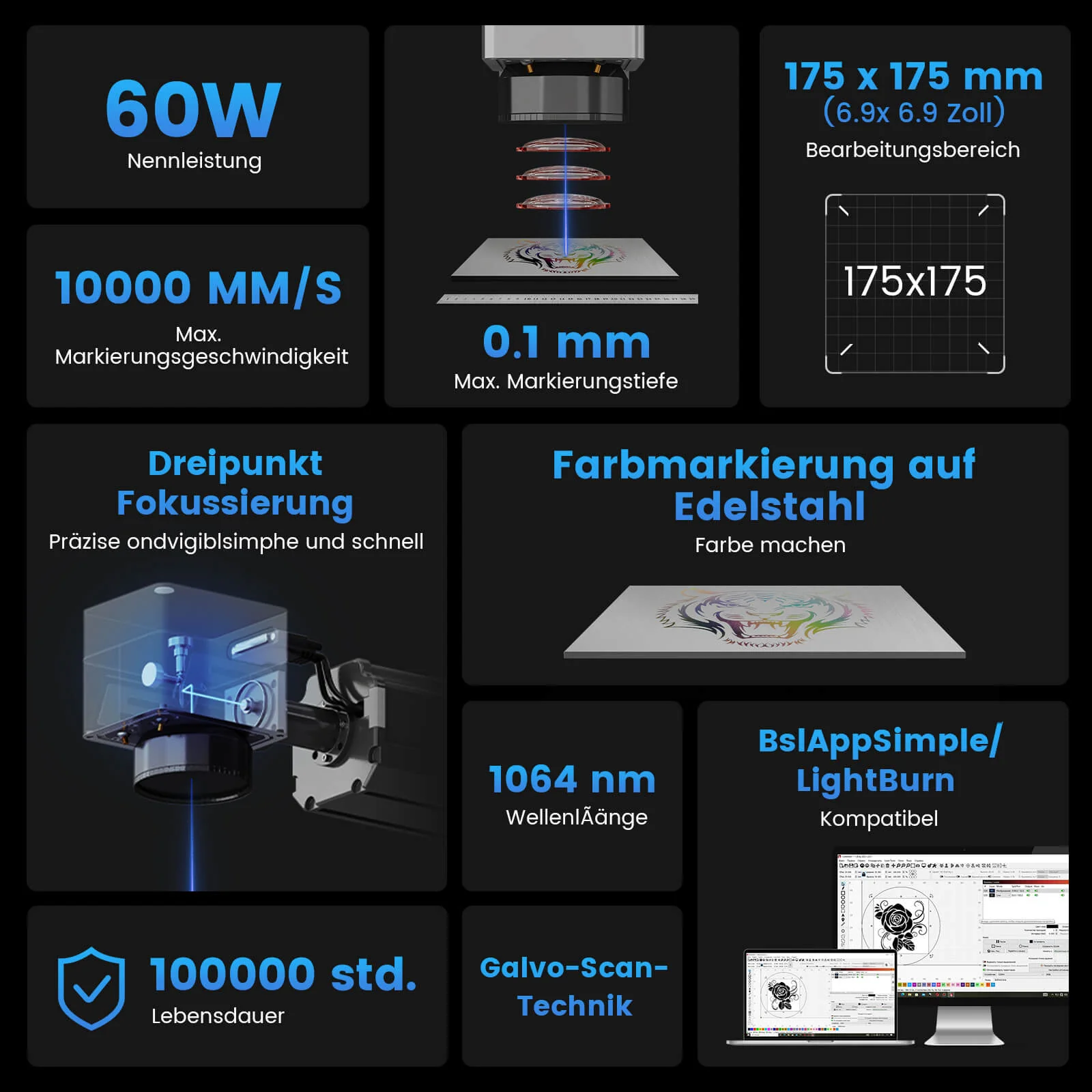 Monport 60W (175 x 175 mm) GPro MOPA Faserlaser Gravier & Markiermaschine mit manuellem Fokus - Image 3