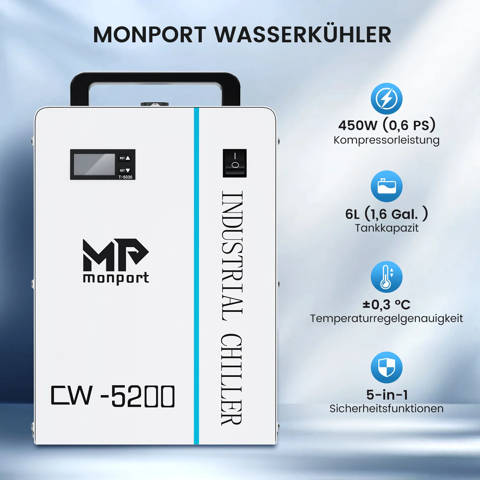 Monport 6L CW-5200 Industrieller Wasserkühler & Chiller für 40W-150W CO2 Laser Cutter - Image 4