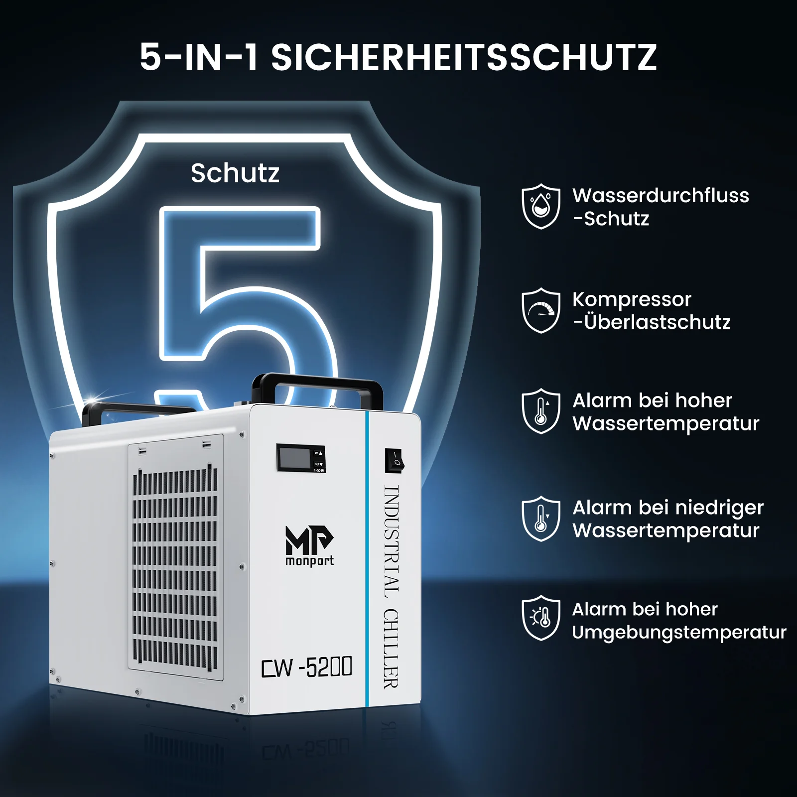 Monport 6L CW-5200 Industrieller Wasserkühler & Chiller für 40W-150W CO2 Laser Cutter - Image 8