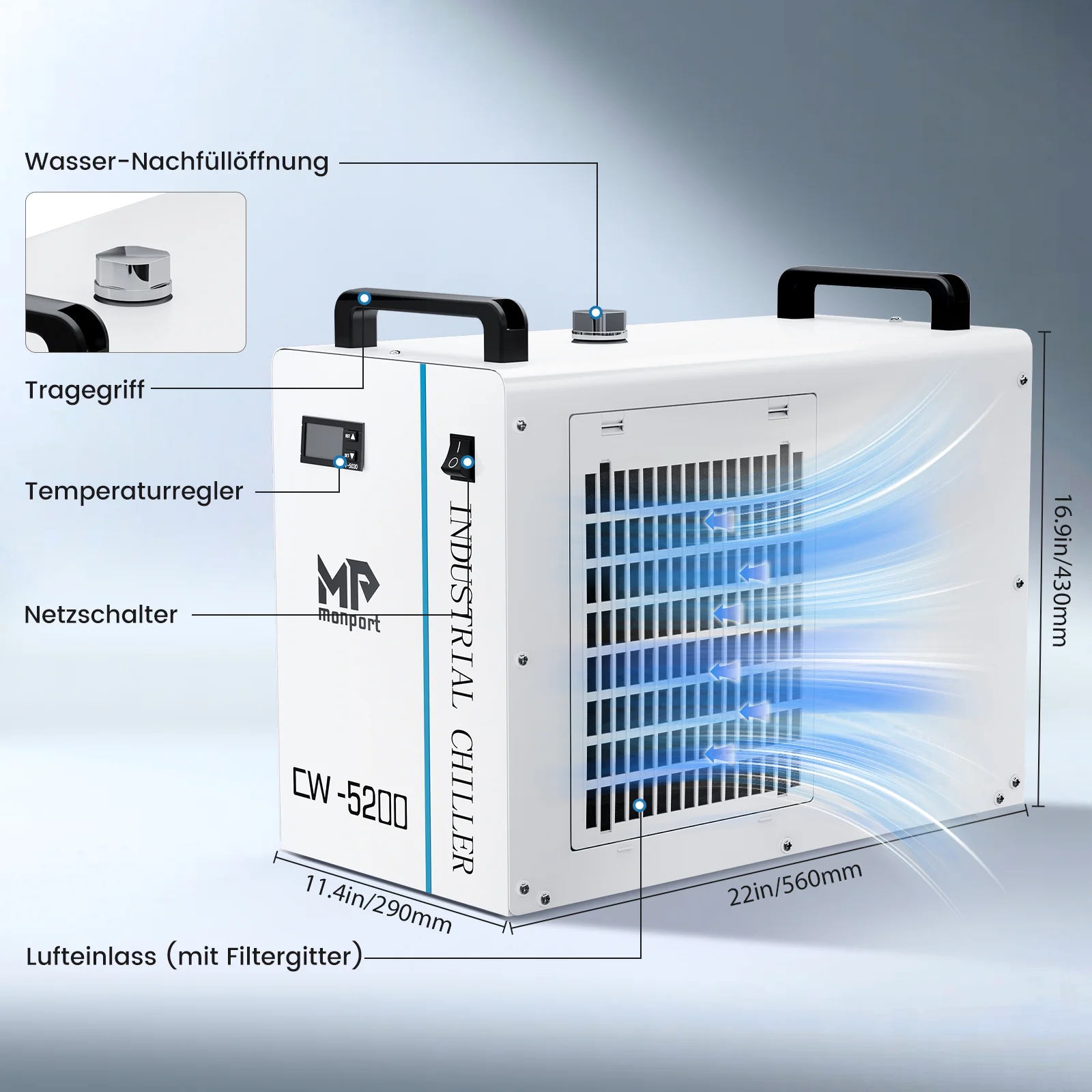 Monport 6L CW-5200 Industrieller Wasserkühler & Chiller für 40W-150W CO2 Laser Cutter - Image 9