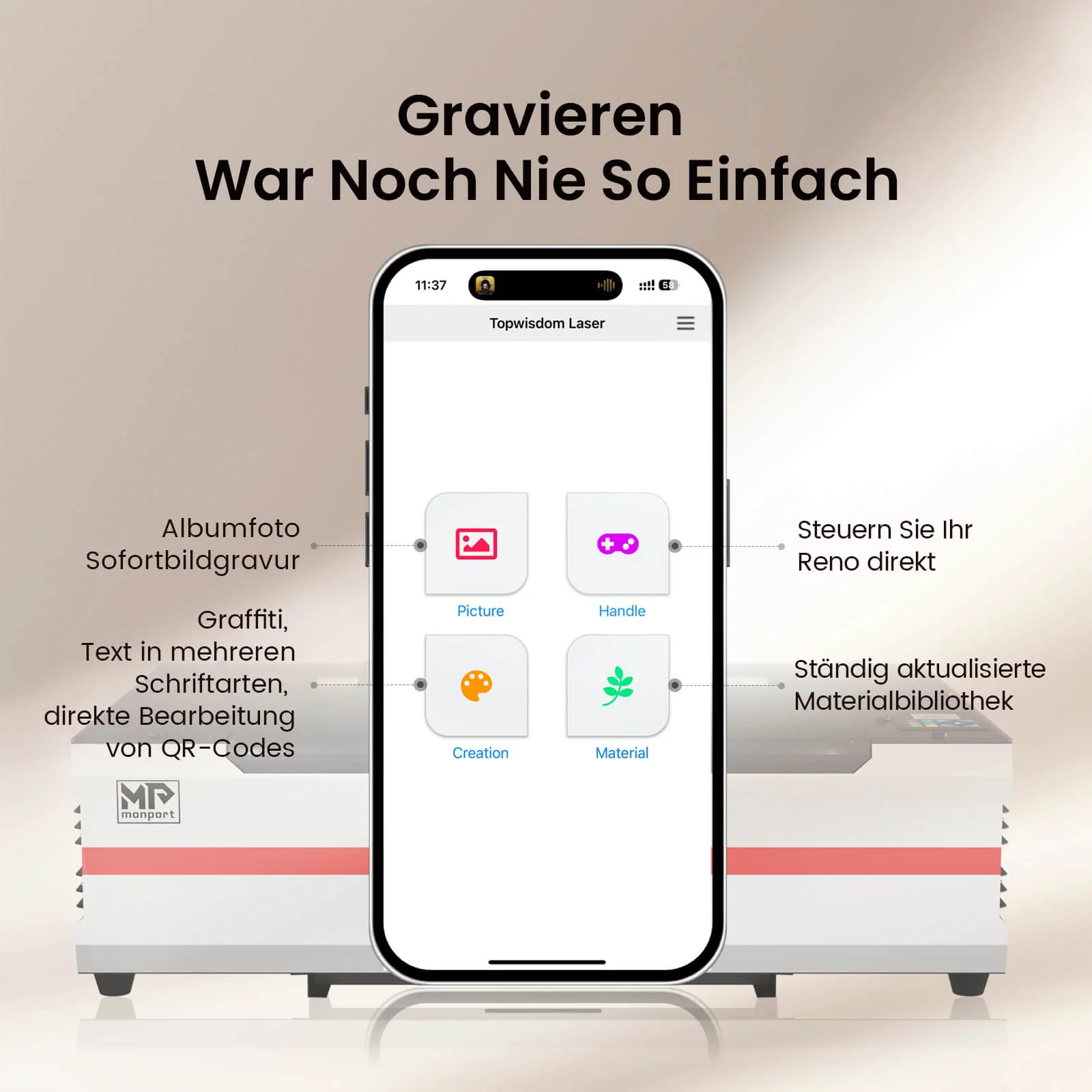Monport Reno65 Pro 65W Desktop CO₂-Lasergravur- und Schneidemaschine (600×400 mm) mit DSP-Steuerung und magnetisch unterstütztem Fokus - Image 13